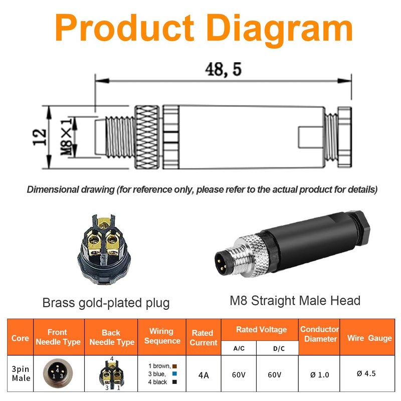 PklzNet 10Pcs M8 3-Pin Aviation Connector Male, Industrial A Coding Field Assembly Plug 8mm IP67 Waterproof for Circular Socket Panel Sensor - Image 5